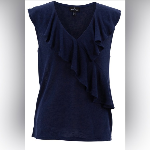 MARBLE Oversized Deep Navy Blue Light Knit Ruffle Tank Top - Picture 2 of 6